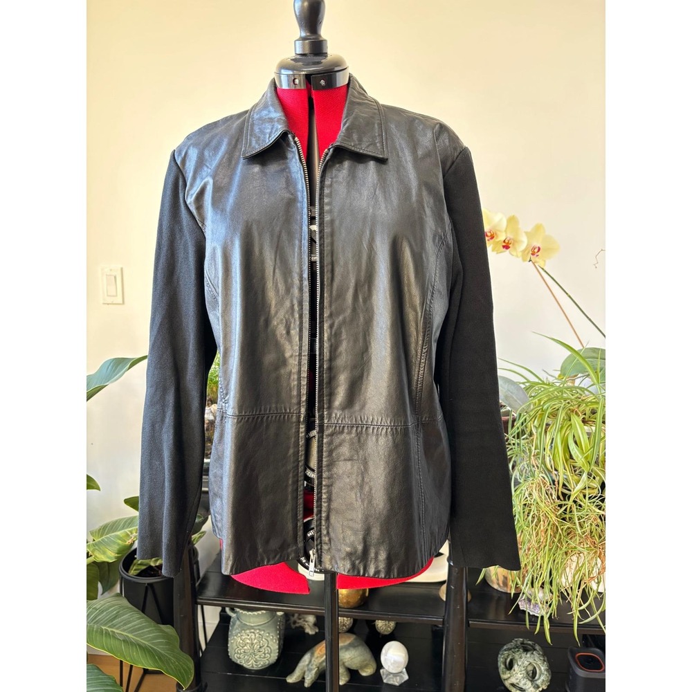black‎ leather jacket with silk knit sleeves womens sz large office, going out